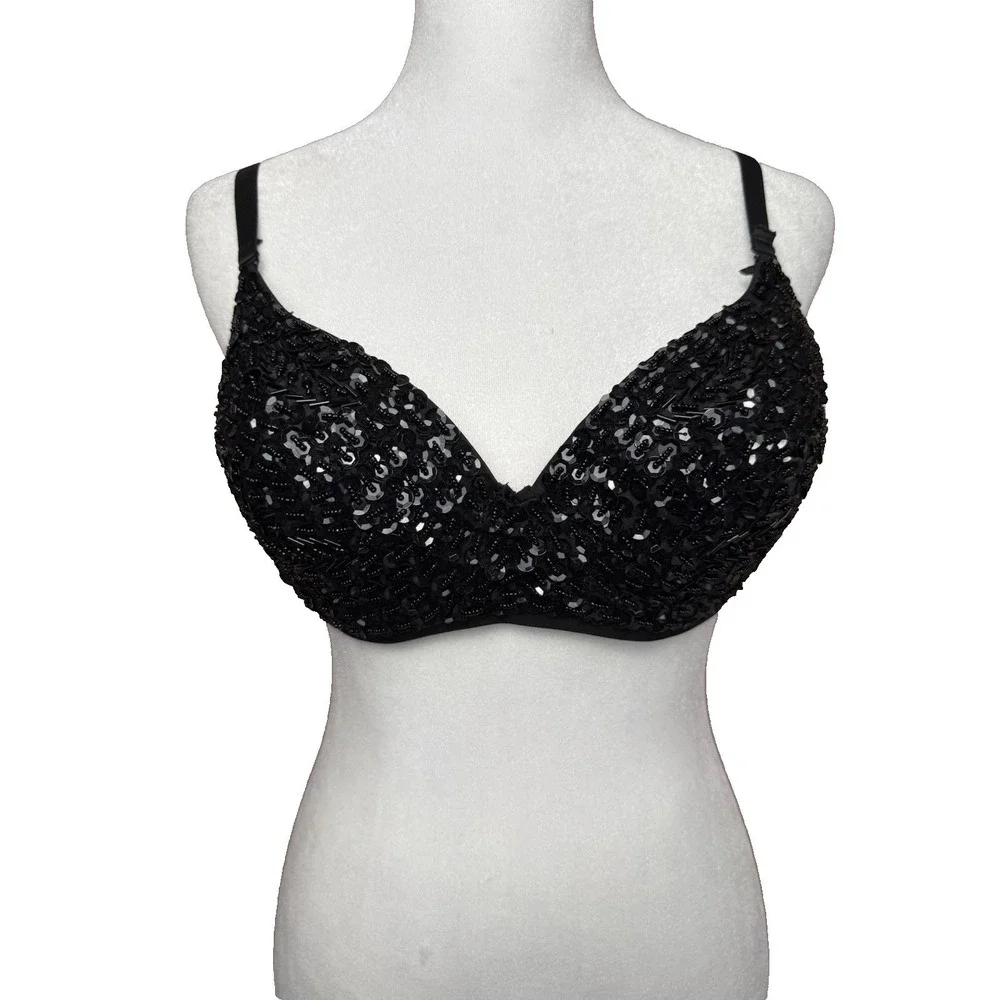 Black Beaded Sequin Bra 38 Band‎ Dance Costume Festival Rave Padded Convertible